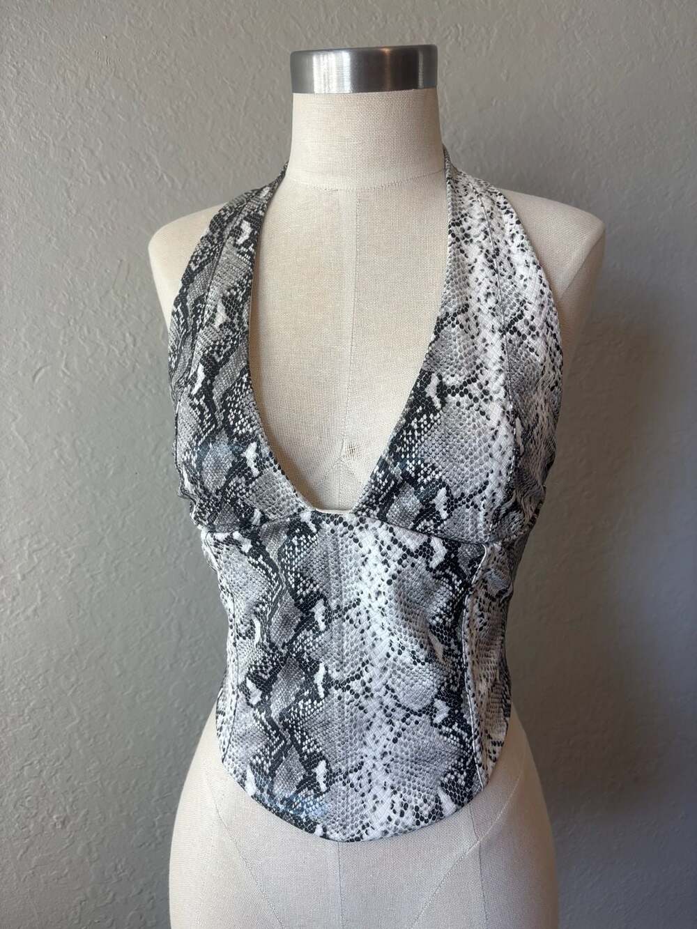 White Fox Size S Snakeskin Print Halter Corset Top
